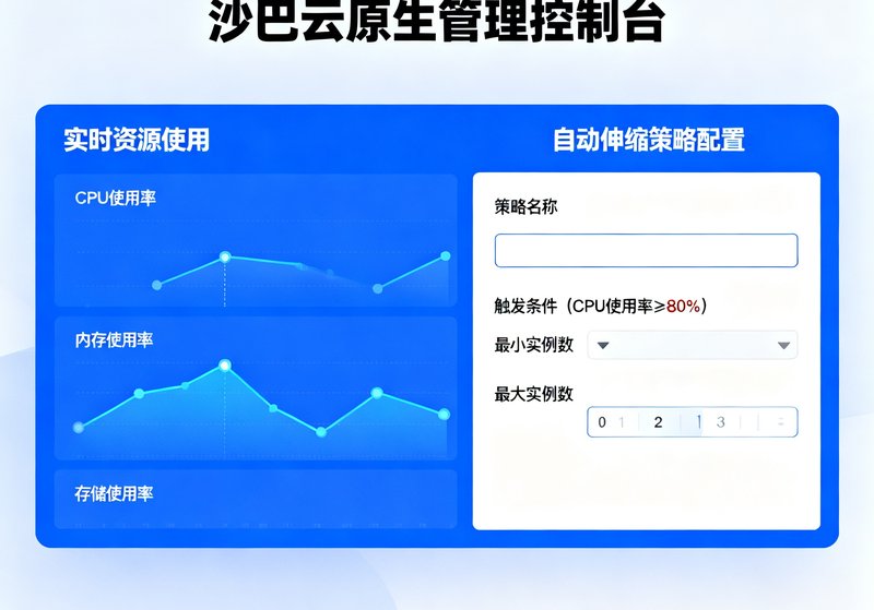 沙巴云原生管理控制台界面，展示容器集群的实时资源使用情况和自动伸缩策略配置面板